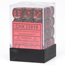 CHX23818: 12mm D6 Translucent: Smoke/Red